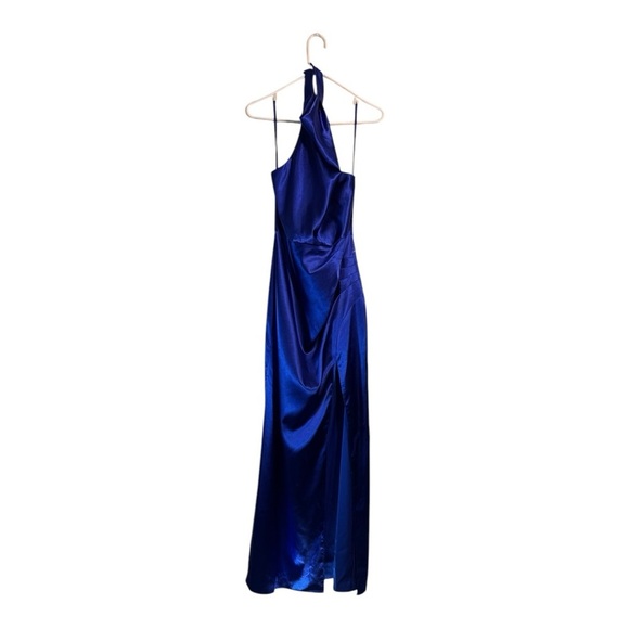 Blondie Nites Halter-Neck Stretch-Satin Gown in Cobalt NWT - Picture 2 of 7